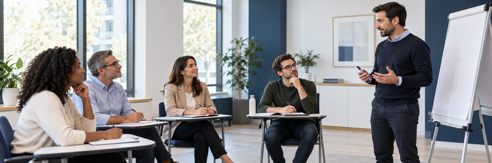 Un formateur anime une séance de formation professionnelle en petit groupe